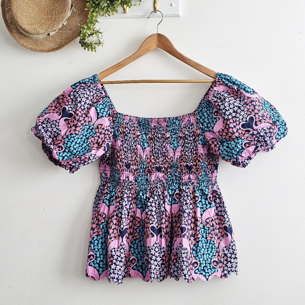 🦩 Simply Southern Flamingo Smocked Puff Sleeve Top XL 100% Cotton